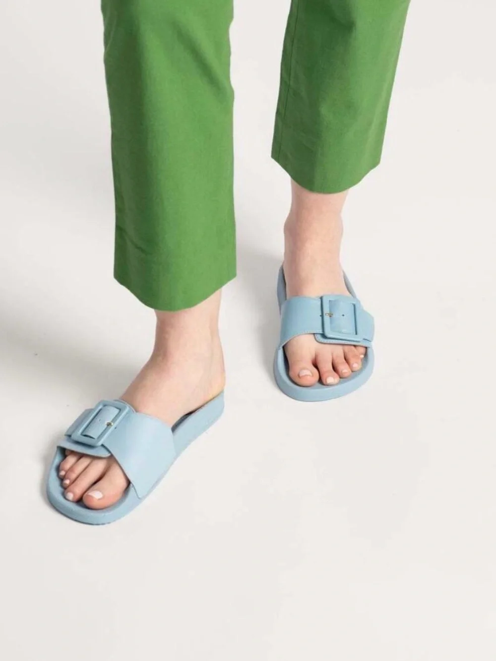NEW Frances Valentine Daisy Vegan Leather Light Blue Buckle Slide Sandals NWB